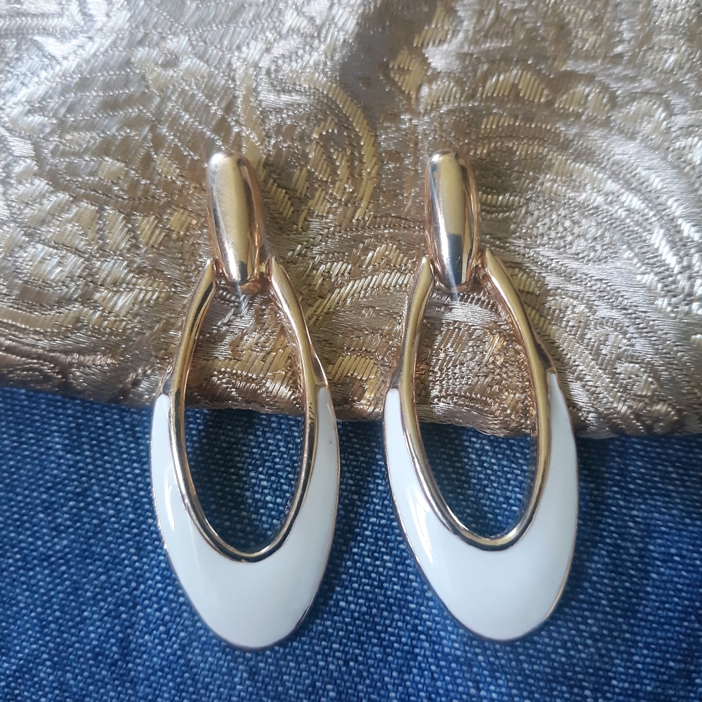Gold and White Enamel Earrings